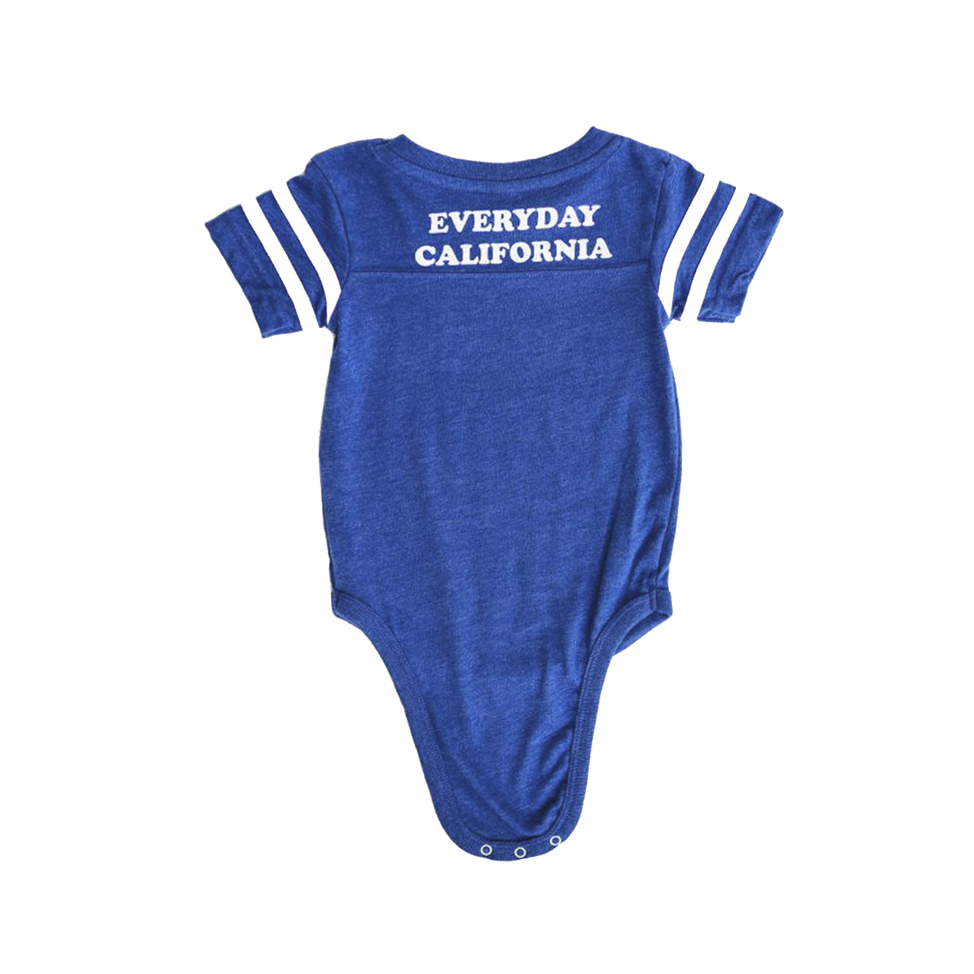 Everyday California Brutus Onesie - blue baby onesie with Brutus logo on the front and Everyday California print on the back.