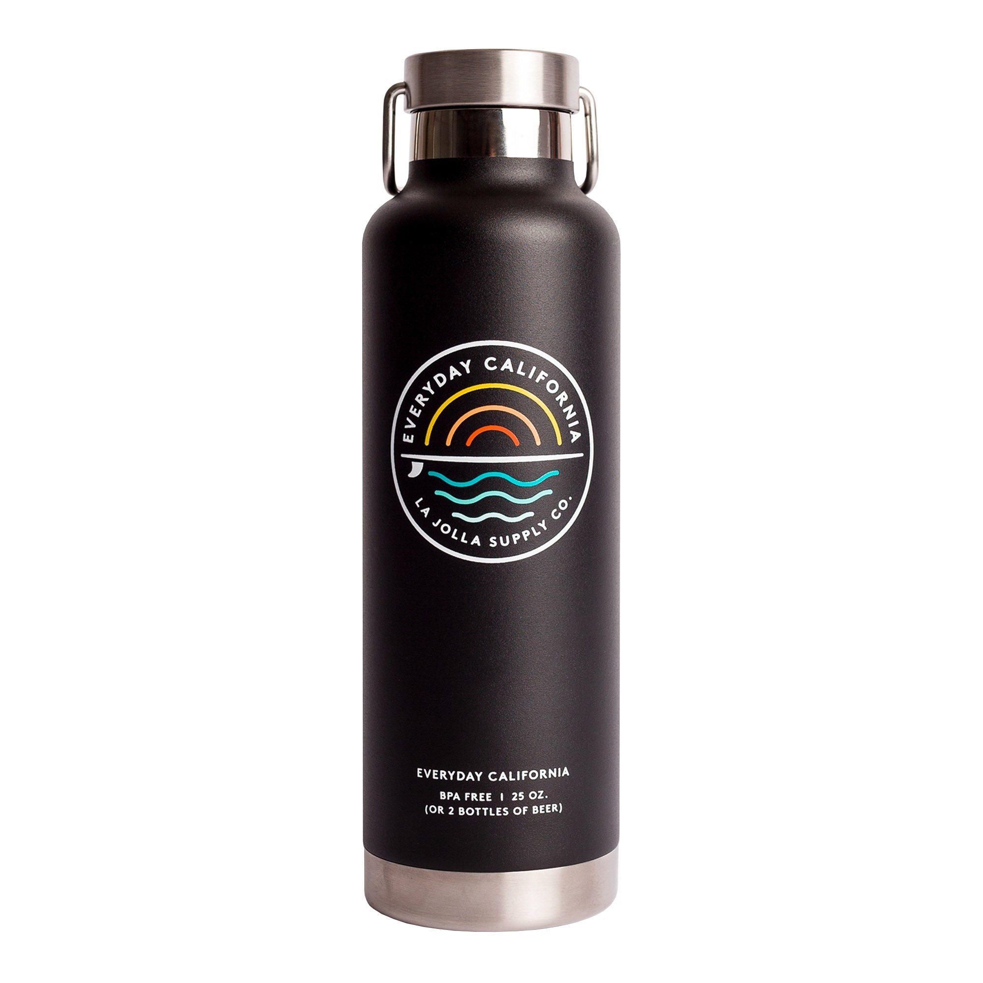 Everyday California’s best selling Cabrillo water bottle. Sun, surf and sea graphic.
