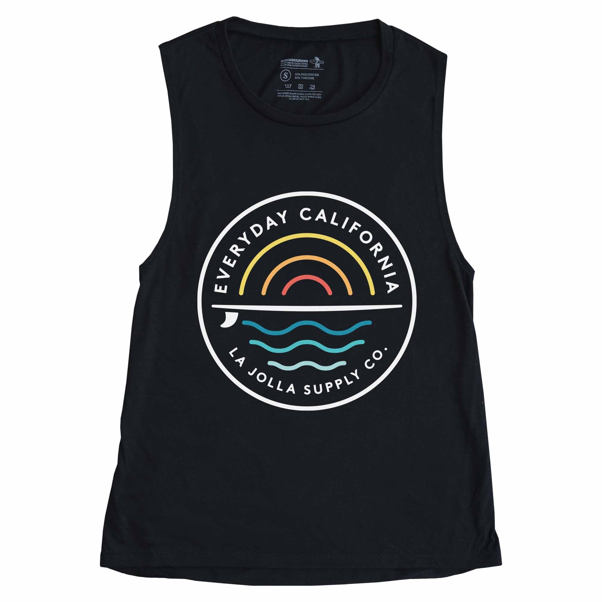 Our best selling Cabrillo tank. Pretend that summer never has to end with this relaxed tank. Sun, surf and sea graphic on the front.