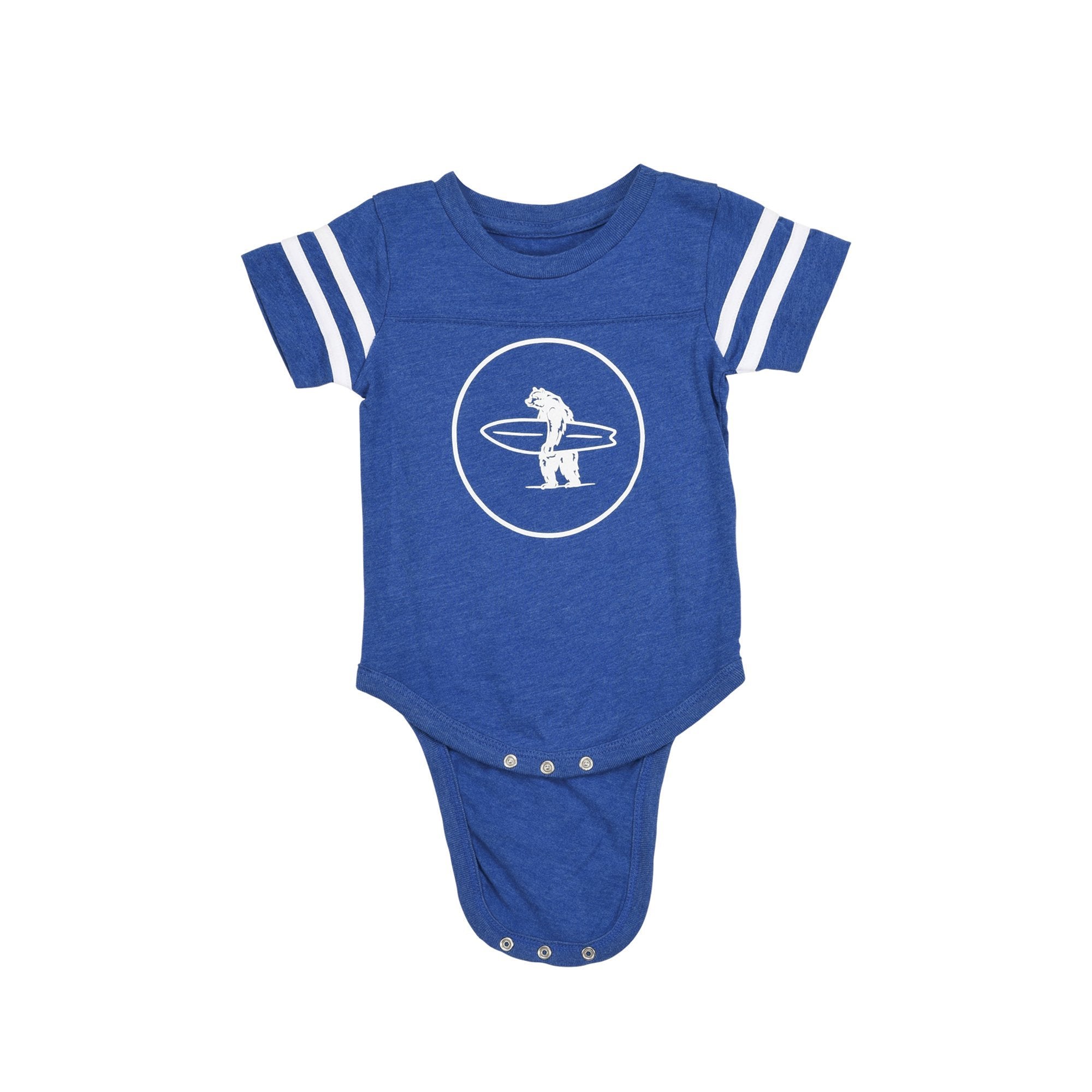 Everyday California Brutus Onesie - blue baby onesie with Brutus logo on the front and Everyday California print on the back.